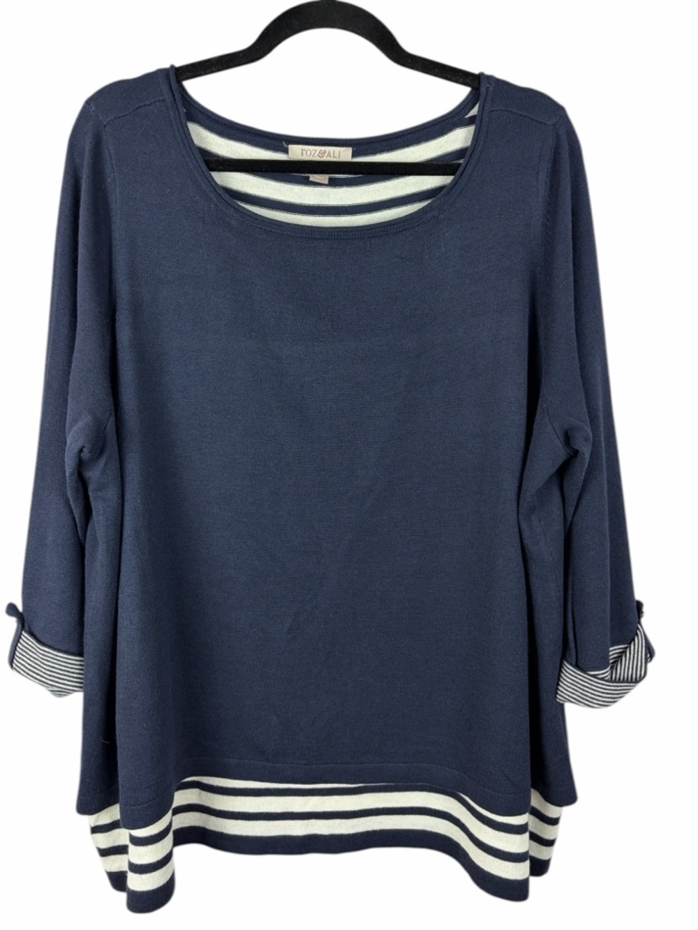 Roz & Ali Navy Stripe Layered Look Sweater Top Back Slit Size 2X